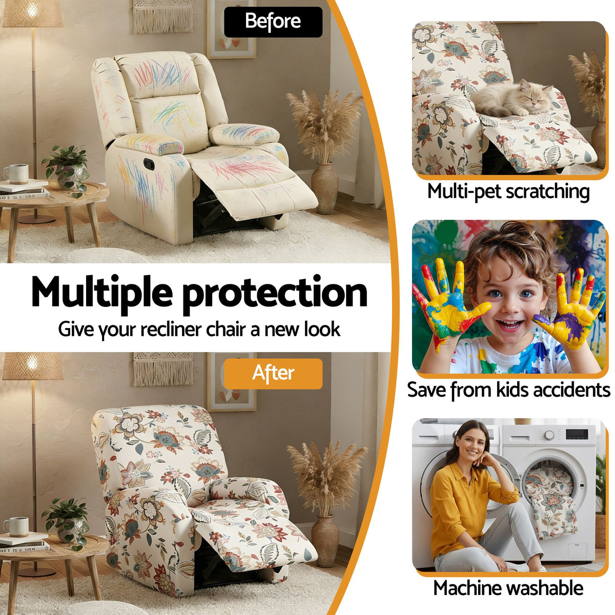 Artiss Split Stretch Recliner Chair Cover, Printed Non Slip Pet Friendly Washable Slipcover for Single Armchair