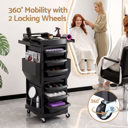 Embellir Salon Trolley 2 Lockable Doors 6 Tier Trays Mobile Hair Cart Black