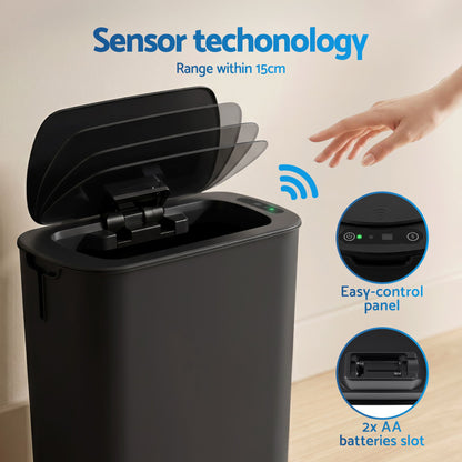 Devanti Automatic Trash Bin 2PCS with Lid 11L Motion Sensor Kitchen Bin Touchless Garbage Can Modern Black Plastic Slim Rubbish Bin with Liner Holder for Kitchen, Home, Office