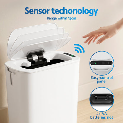 Devanti Automatic Trash Bin 2PCS with Lid 11L Motion Sensor Kitchen Bin Touchless Garbage Can Modern White Plastic Slim Rubbish Bin with Liner Holder for Kitchen, Home, Office