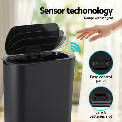 Devanti Automatic Trash Bin with Lid 21L Motion Sensor Kitchen Bin Touchless Garbage Can Modern Black Plastic Slim Rubbish Bin with Liner Holder for Kitchen, Home, Office