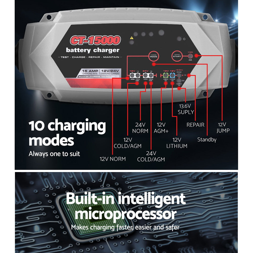 12V Automotive Car Battery Charger 24V 15Amp Smart Vehicle Truck Chargers AGM