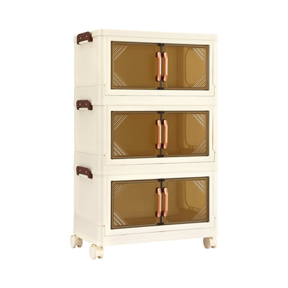 Artiss 3-Tier Foldable Storage Cabinet Stackable Box Clear Magnetic Door White