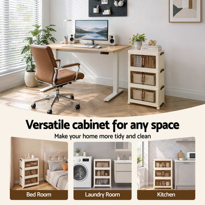 Artiss 3-Tier Foldable Storage Cabinet Stackable Box Clear Magnetic Door White
