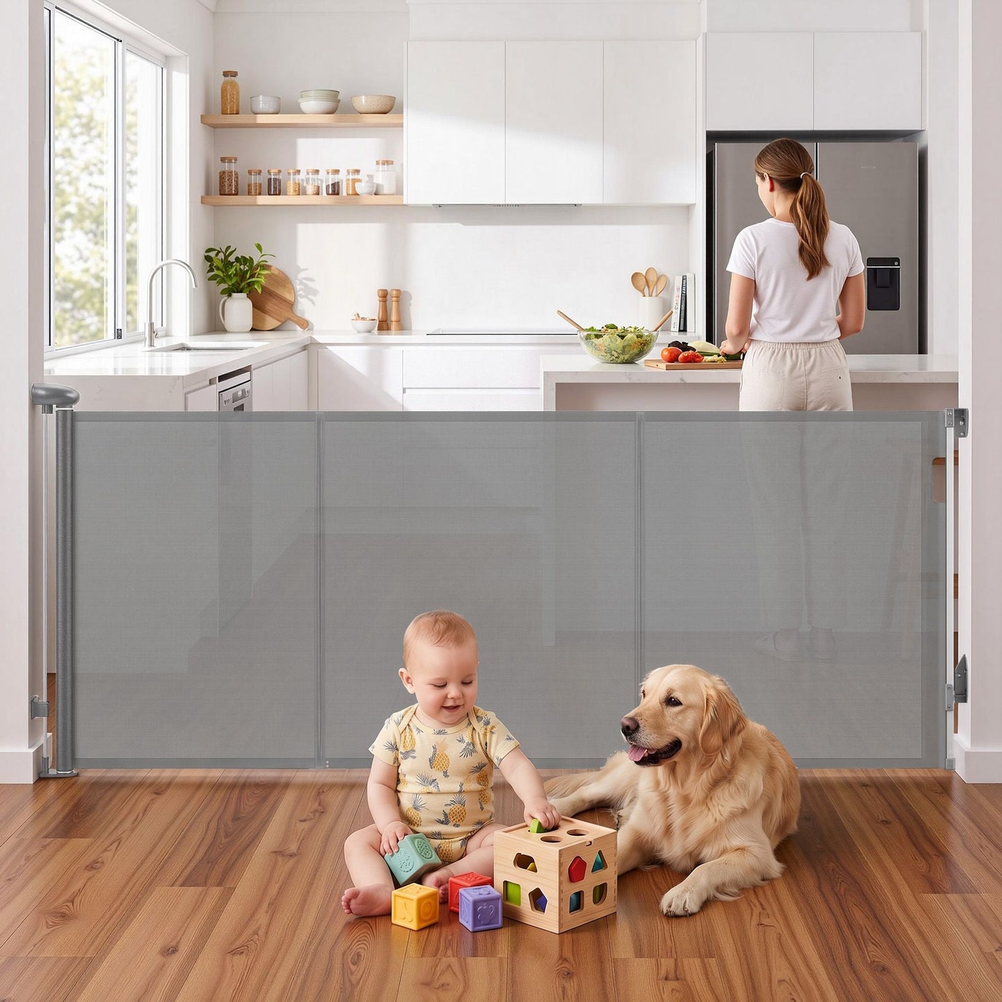 Keezi Retractable Gate Baby Gate Pet Safety Fence Extends up to 400cm Grey