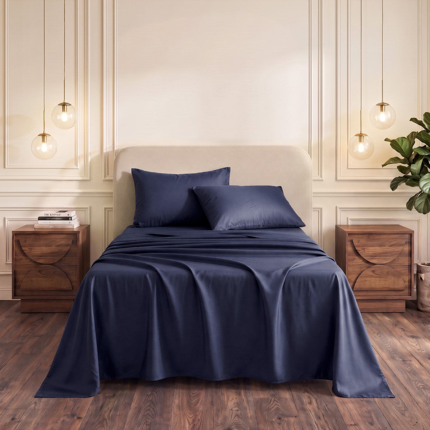 Giselle Single 500TC Cotton 4Pcs Sheet Set with 40cm Extra Deep Pocket for Thick Mattresses Sateen Weave for Sweaty Nights Navy Blue