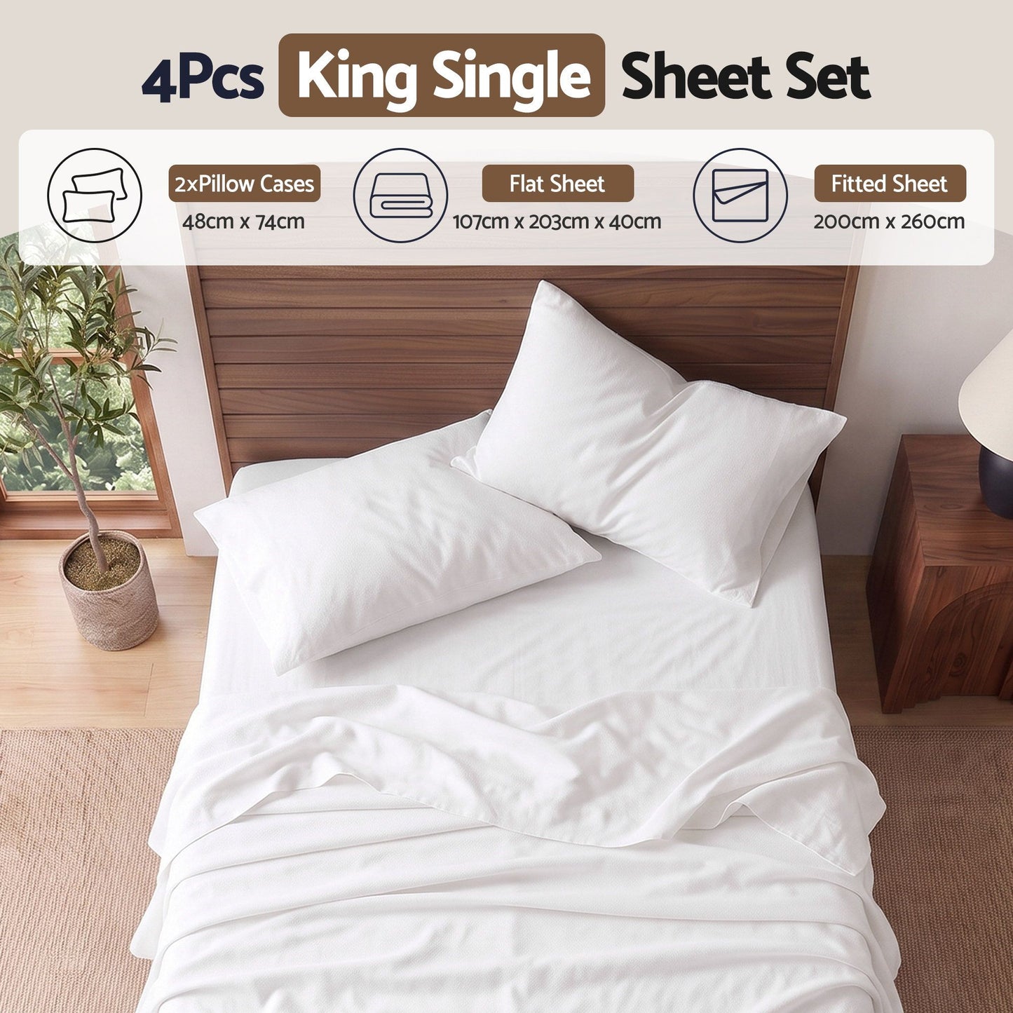 Giselle Kingsingle 500TC Cotton 4Pcs Sheet Set with 40cm Extra Deep Pocket for Thick Mattresses Sateen Weave for Sweaty Nights White