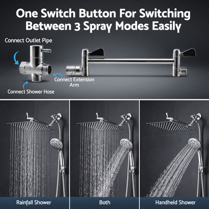 Cefito High-Pressure Rain Shower Head with Handheld, Gear-Lock Anti-Sag Arm for Family Spa, 12" Stainless Steel Rainfall & 9-Setting Wand Combo, 3-Way Diverter, Drill-Free Adhesive Bracket