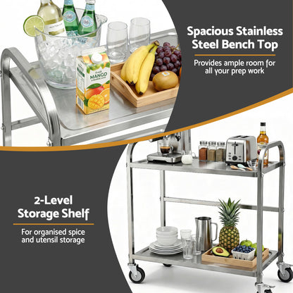 Cefito 2-Tier Stainless Steel Kitchen Trolley with Wheels 84x56x98cm