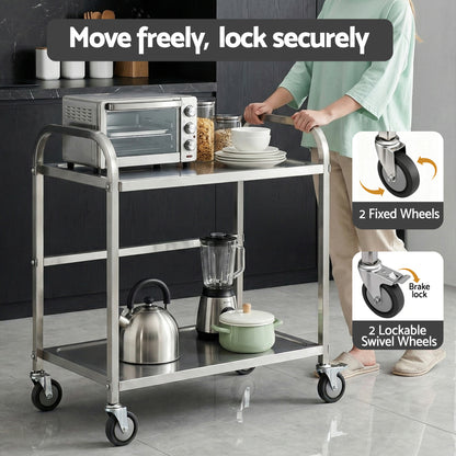 Cefito 2-Tier Stainless Steel Kitchen Trolley with Wheels 84x56x98cm