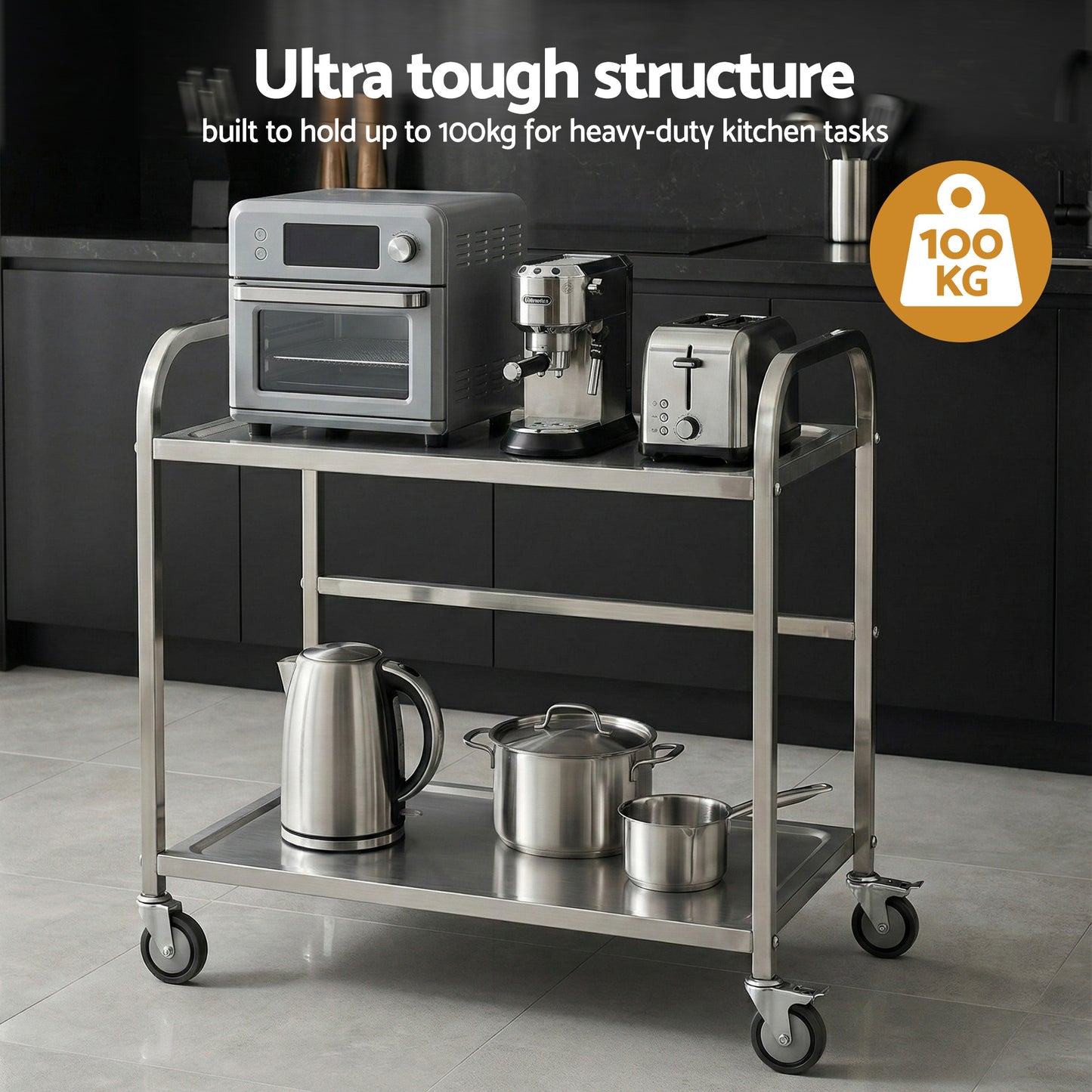 Cefito 2-Tier Stainless Steel Kitchen Trolley with Wheels 84x56x98cm