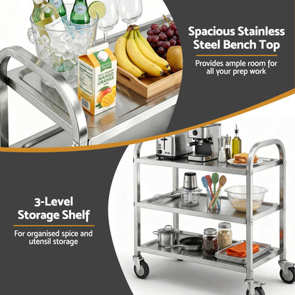 Cefito 3-Tier Stainless Steel Kitchen Trolley with Wheels 89X50X83cm
