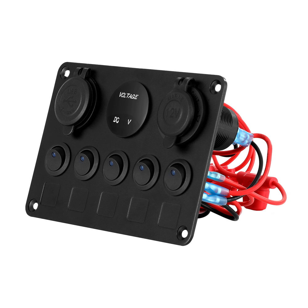 Giantz 5 Gang 12V Switch Panel For Car Boat Marine USB ON-OFF LED Rocker Toggle