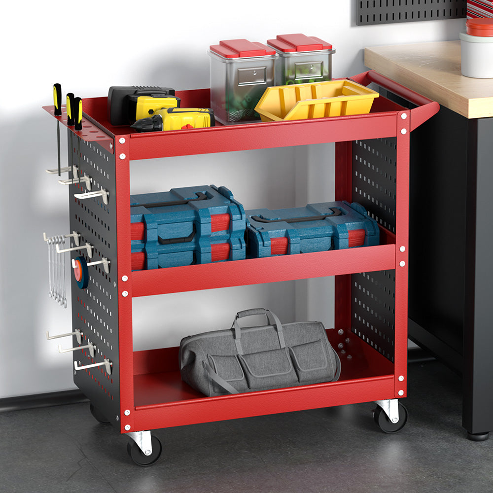 Giantz 3-Tier Tool Cart Storage Trolley Workshop Garage Pegboard Hooks Red