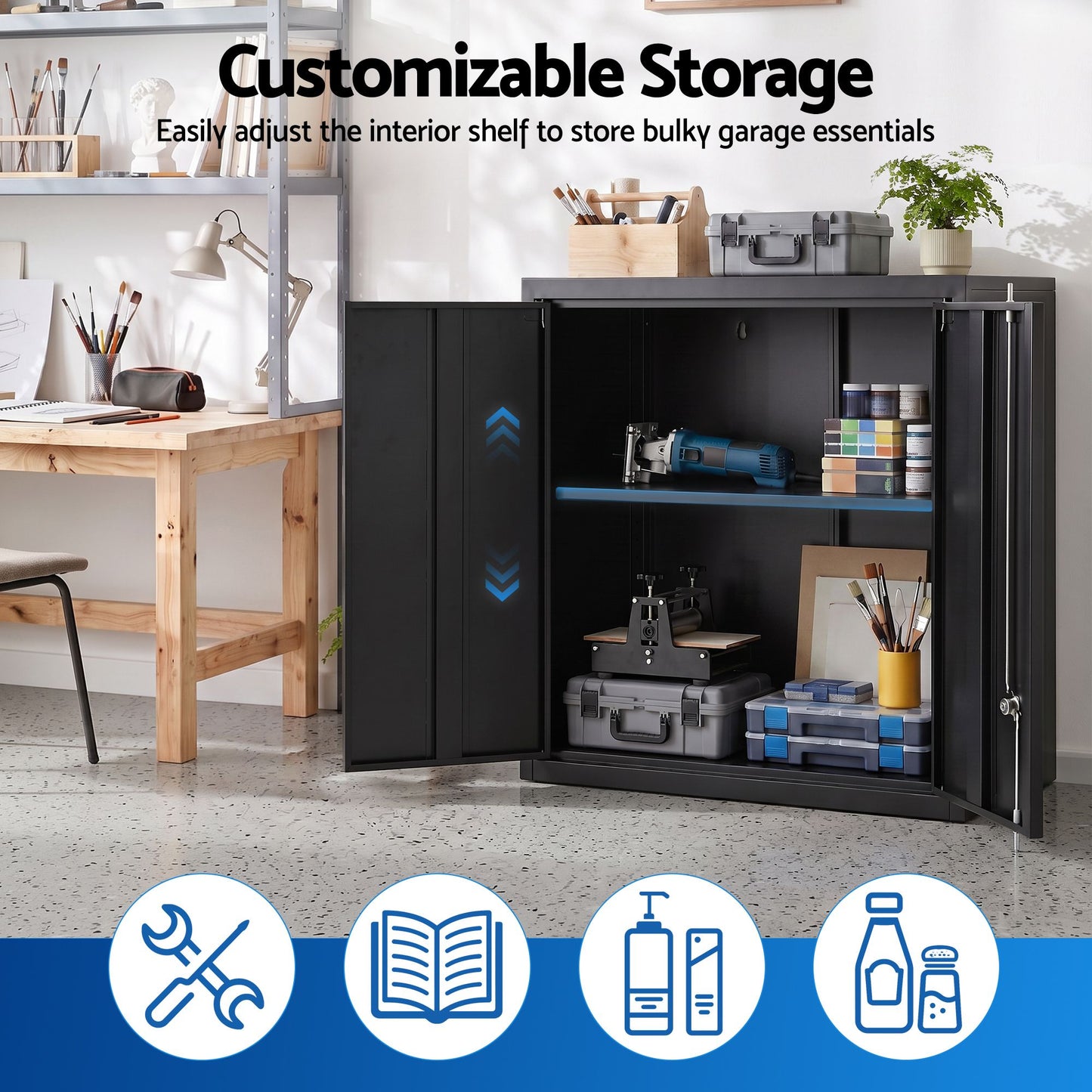 Giantz Steel Tool Cabinet Wall Mount Adjustable Shelf Garage Storage Lockable Black
