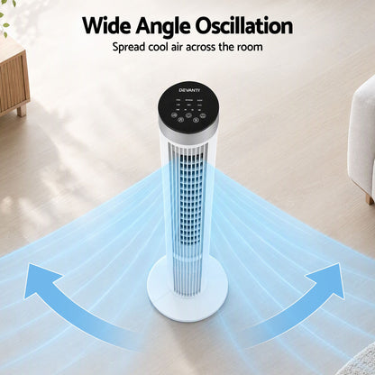 Devanti Tower Fan with Remote Control, 3 Speed 3 Mode 7.5h Timer, White