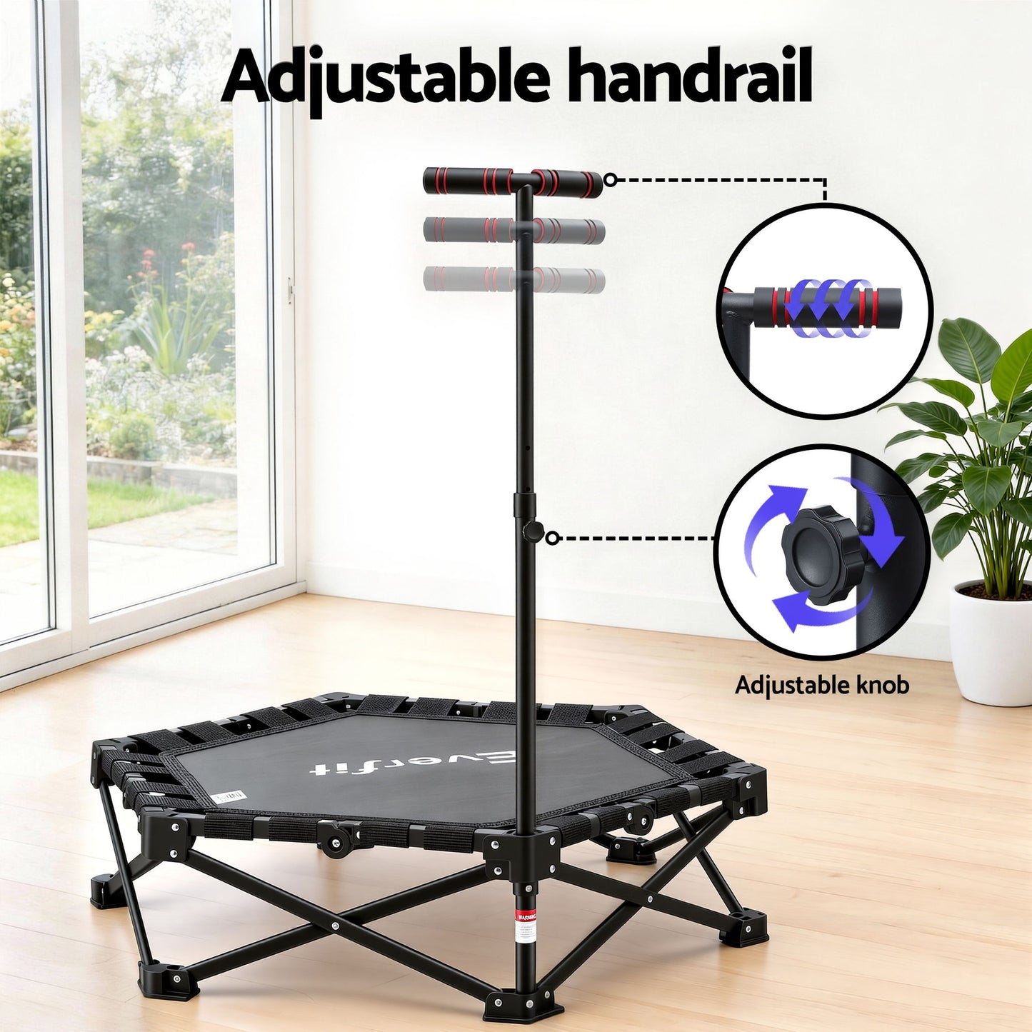 Everfit Fitness Foldable Trampoline Rebounder Adjustable Handle Indoor Exercise Black