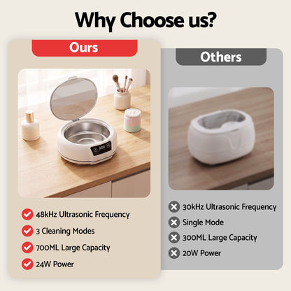 Devanti Ultrasonic Cleaner 700mL 48kHz Jewellery Cleaning Machine with Stainless Steel Tank White