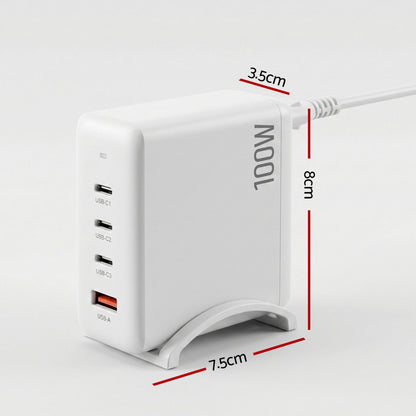 Devanti USB C Charger 100W Fast Charger 4 Port GaN Desktop Station White