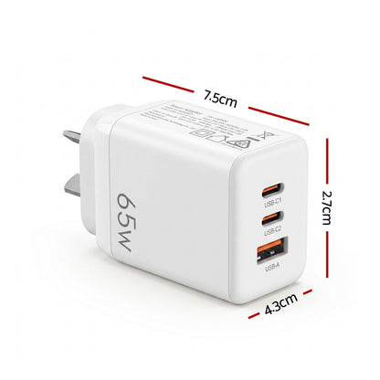 Devanti USB C Charger 65W Fast Charger 3 Port PD Wall Adapter White