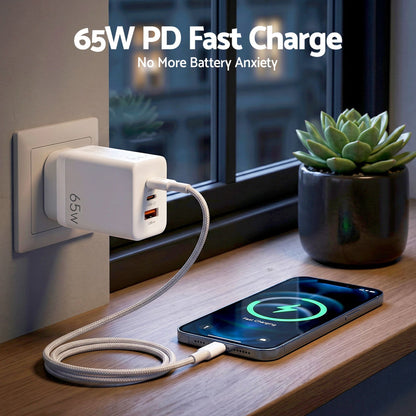 Devanti USB C Charger 65W Fast Charger 3 Port PD Wall Adapter White