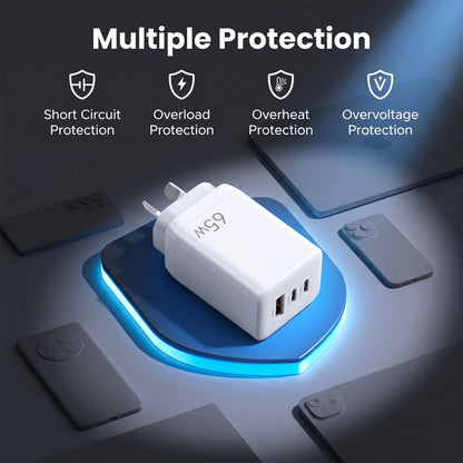 Devanti USB C Charger 65W Fast Charger 3 Port PD Wall Adapter White