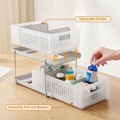 Artiss Under Sink Organizer 2 Tier Pull Out Drawer with Removable Baskets & Divider White