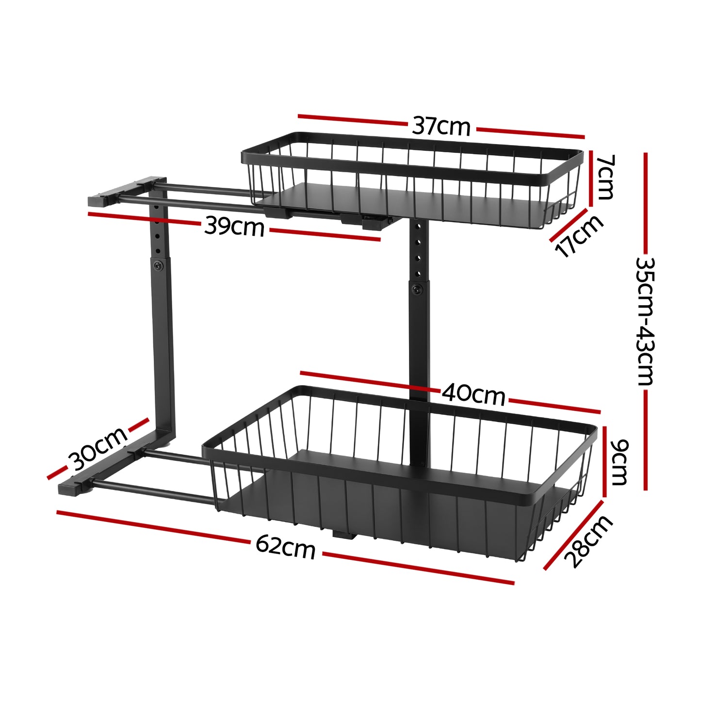 Artiss Under Sink Organizer Storage with 2 Slide Out Drawers 5 Adjustable Height Bathroom Kitchen Cabinet Black