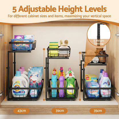 Artiss Under Sink Organizer Storage with 2 Slide Out Drawers 5 Adjustable Height Bathroom Kitchen Cabinet Black
