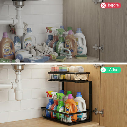 Artiss Under Sink Organizer Storage with 2 Slide Out Drawers 5 Adjustable Height Bathroom Kitchen Cabinet Black