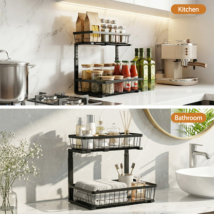 Artiss Under Sink Organizer Storage with 2 Slide Out Drawers 5 Adjustable Height Bathroom Kitchen Cabinet Black