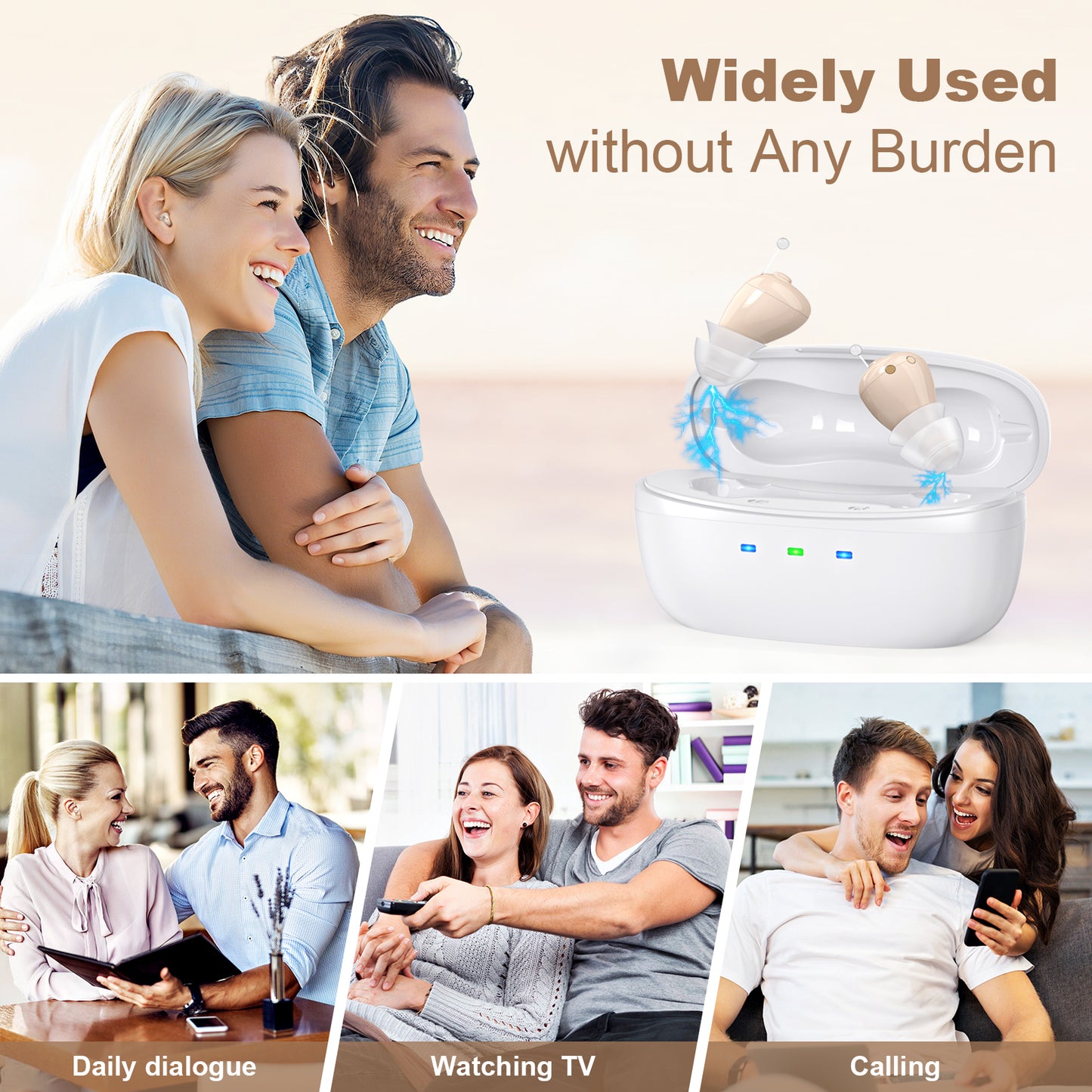 Rechargeable Behind-the-Ear Hearing Aids with Charging Case – Compact Sound Amplifier for Adults & Seniors with Memory Volume (White Case, Skin Tone Device)
