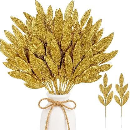 Trendbay 10Pcs Gold Glitter Christmas Leaves – 34 cm Artificial Branch Picks