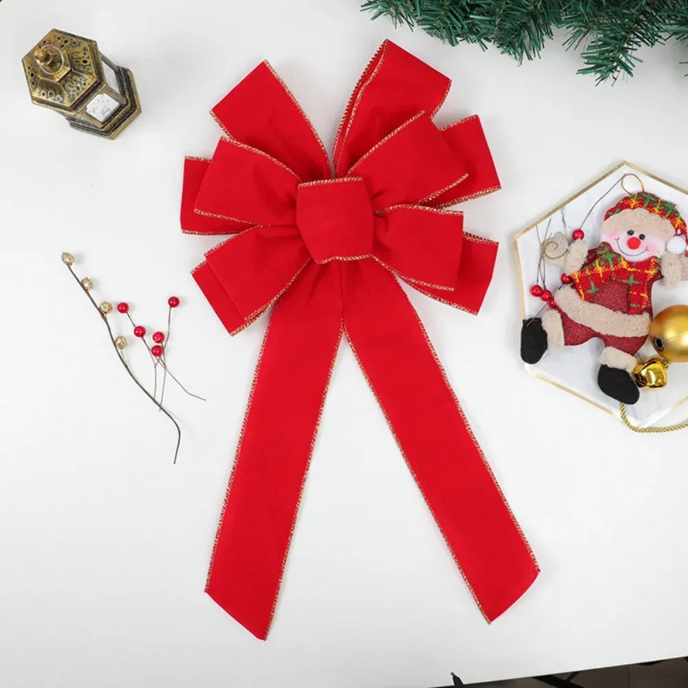 Large Red Velvet Christmas Bow with Gold Glitter Edge