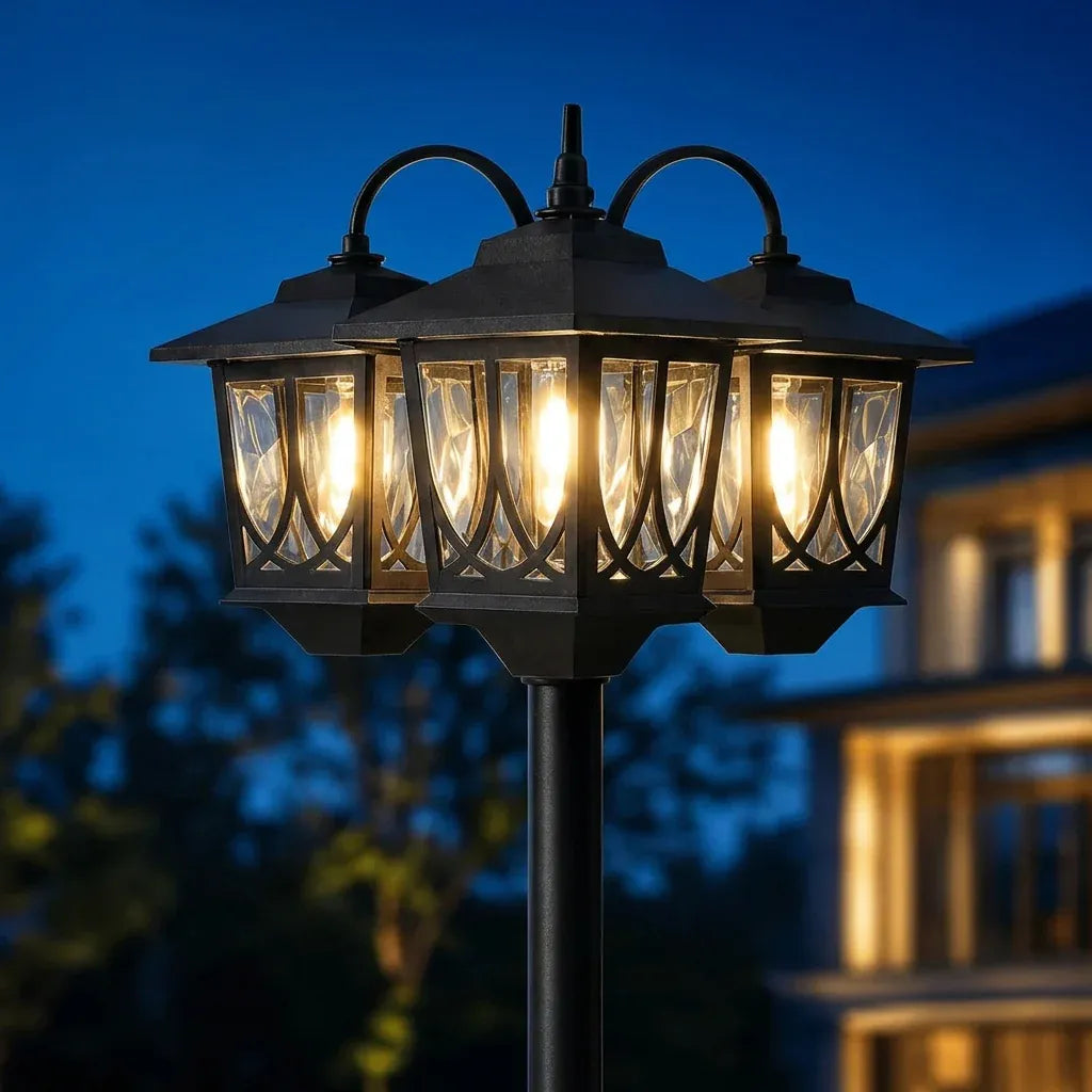 185.42cm 3-Head Solar Lamp Post Black Aluminum