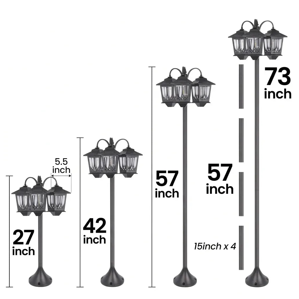 185.42cm 3-Head Solar Lamp Post Black Aluminum