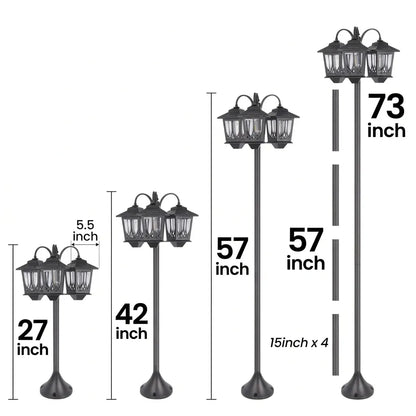 185.42cm 3-Head Solar Lamp Post Black Aluminum