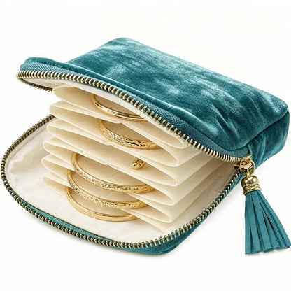 Peacock Blue Velvet Travel Pouch Portable Zippered