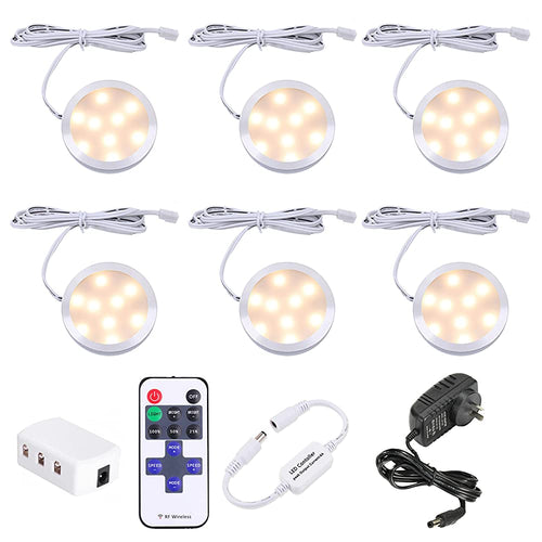 Dimmable LED Under Cabinet Lighting, Counter Showcase Kitchen Lighting Fixtures with 12V Plug in Adapter and Dimmable Wireless Remote Control, 6 Ultra Slim Puck Lights Kit