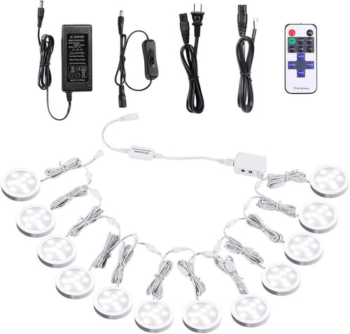 Linkable Under Cabinet LED Lighting 12V Dimmable Puck Lights with Wireless RF Remote Control, Hardwired & Wall Plug in for Kitchen Mood Lighting,Daylight White