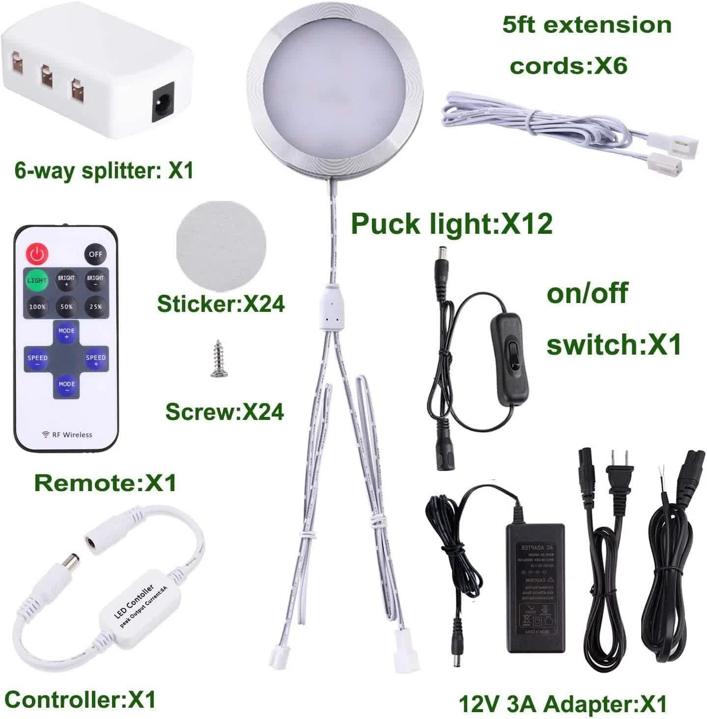 Linkable Under Cabinet LED Lighting 12V Dimmable Puck Lights with Wireless RF Remote Control, Hardwired & Wall Plug in for Kitchen Mood Lighting,Daylight White