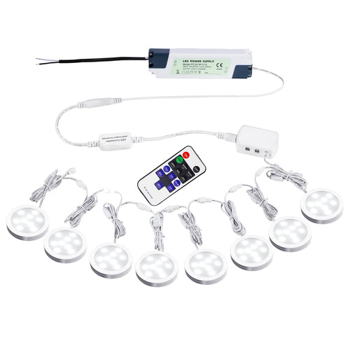 Linkable Under Cabinet LED Lighting 12V Slim Aluminum Dimmable Puck Lights Direct Wired with RF Remote Control for Kitchen Lighting(8pack Daylight White)