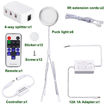 Linkable Under Cabinet LED Lighting 12V Slim Aluminum Dimmable Puck Lights Direct Wired with RF Remote Control for Kitchen Lighting(6pack,Daylight White)