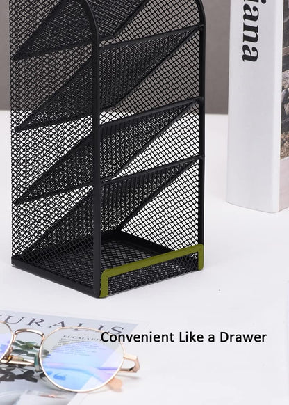 Modern Metal Mesh Pencil Holder, 5-Compartment Desk Organiser, Black Angled Pen Holder