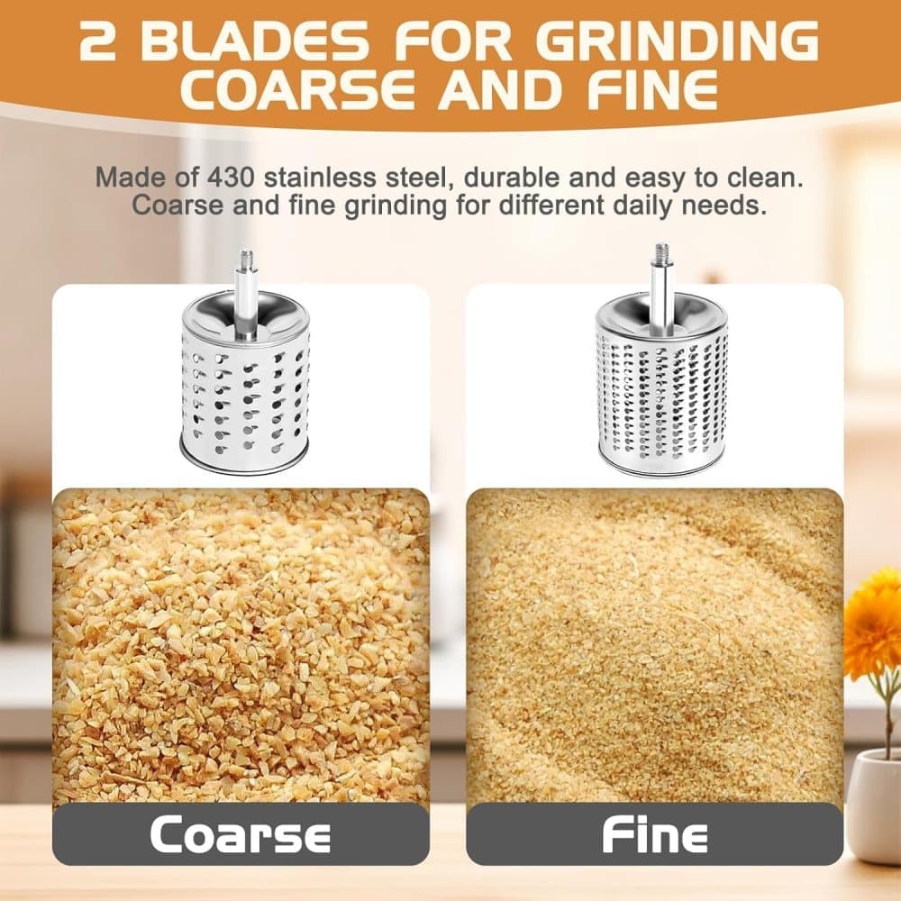 Manual nut grinder with 2 removable drum blades, cheese grater, peanut and almond grinder
