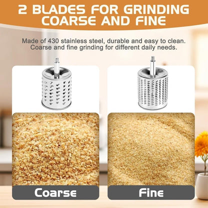 Manual nut grinder with 2 removable drum blades, cheese grater, peanut and almond grinder