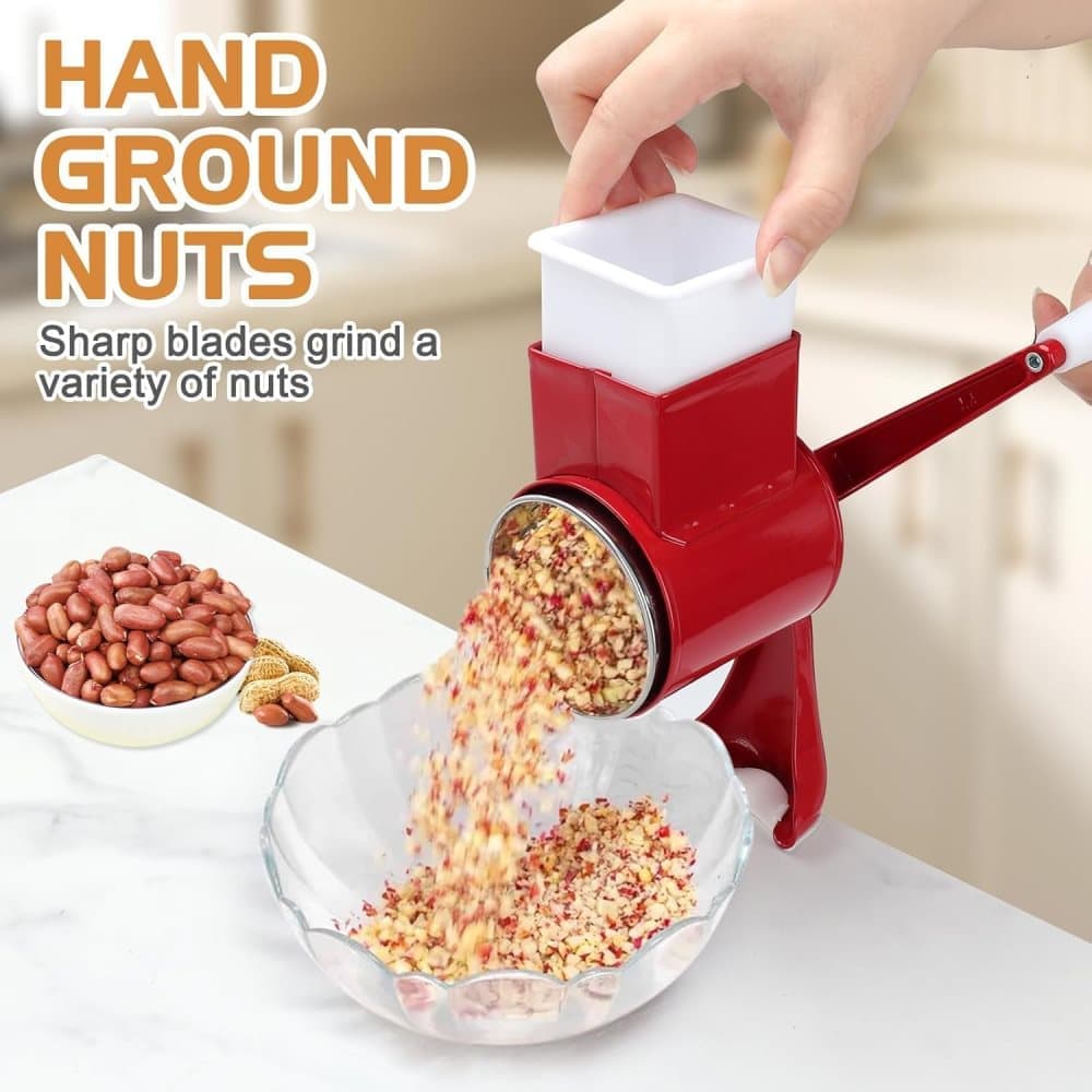 Manual nut grinder with 2 removable drum blades, cheese grater, peanut and almond grinder