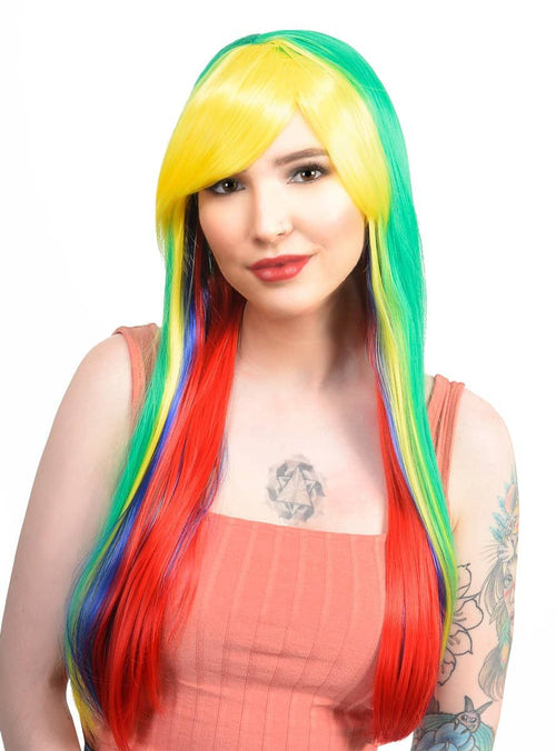Bright Rainbow Layered Womens Straight Costume Wig