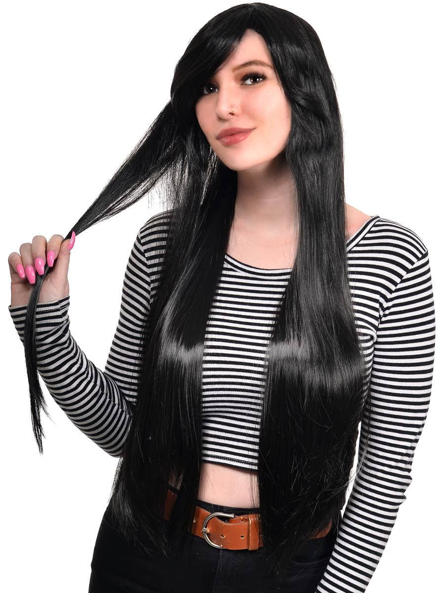 Morticia Womens Extra Long Straight Black Costume Wig