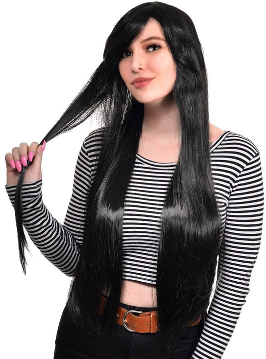 Morticia Womens Extra Long Straight Black Costume Wig